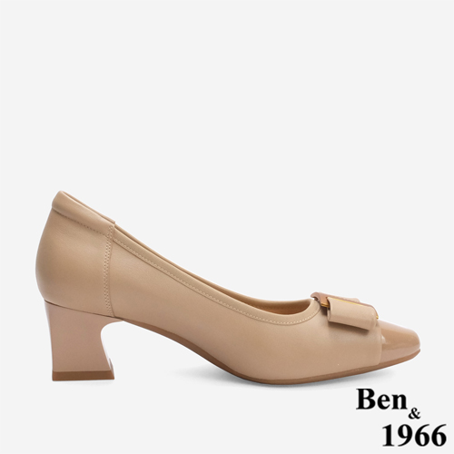 Ben&1966 柔軟羊皮氣質金屬釦方頭跟鞋-杏(246222)