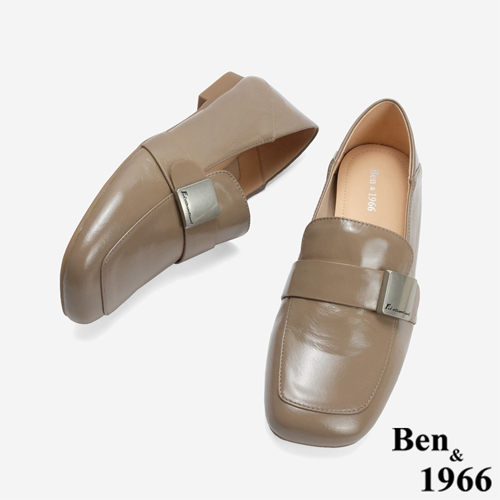 Ben&1966 高級牛油皮個性方頭樂福鞋-卡其(246232)