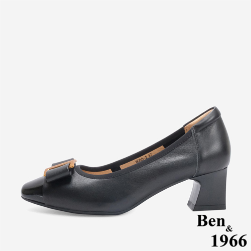 Ben&1966 柔軟羊皮氣質金屬釦方頭跟鞋-黑(246221)