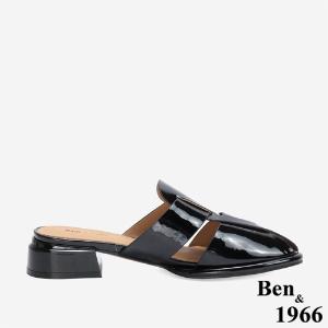 Ben&1966 高級牛漆皮寬帶編織感涼拖鞋-黑(246211)