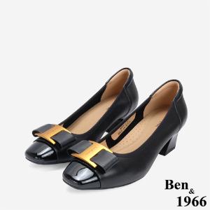 Ben&1966 柔軟羊皮氣質金屬釦方頭跟鞋-黑(246221)