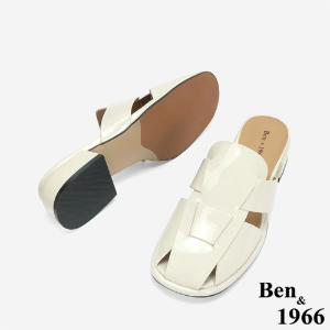 Ben&1966 高級牛漆皮寬帶編織感涼拖鞋-米白(246212)
