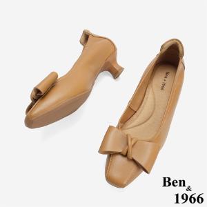 Ben&1966 柔軟羊皮優雅蝴蝶結方頭跟鞋-太妃糖棕(246152)