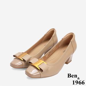 Ben&1966 柔軟羊皮氣質金屬釦方頭跟鞋-杏(246222)