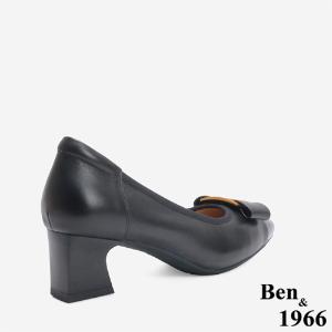 Ben&1966 柔軟羊皮氣質金屬釦方頭跟鞋-黑(246221)