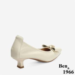 Ben&1966 柔軟羊皮優雅蝴蝶結方頭跟鞋-米白(246153)
