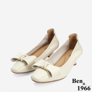 Ben&1966 柔軟羊皮優雅蝴蝶結方頭跟鞋-米白(246153)