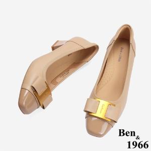 Ben&1966 柔軟羊皮氣質金屬釦方頭跟鞋-杏(246222)