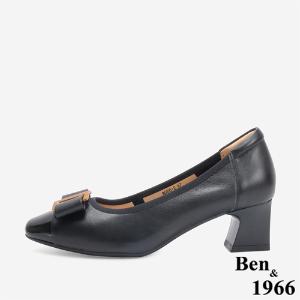 Ben&1966 柔軟羊皮氣質金屬釦方頭跟鞋-黑(246221)
