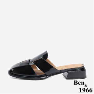 Ben&1966 高級牛漆皮寬帶編織感涼拖鞋-黑(246211)