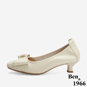 Ben&1966 柔軟羊皮優雅蝴蝶結方頭跟鞋-米白(246153)