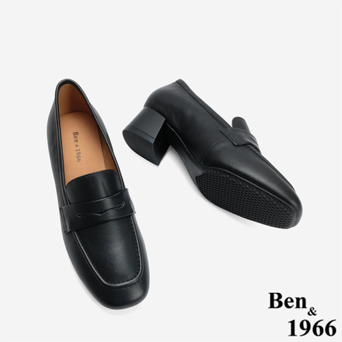 Ben&1966 高級牛皮質感素面方頭高跟樂福鞋-黑(246261)