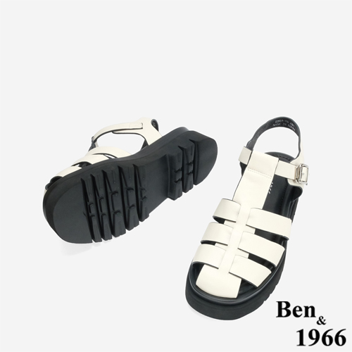 Ben&1966 高級頭層牛皮經典百搭魚骨厚底涼鞋-米白