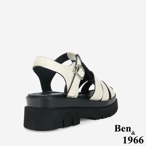 Ben&1966 高級頭層牛皮經典百搭魚骨厚底涼鞋-米白