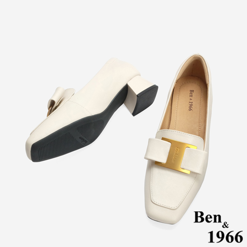 Ben&1966 高級羊皮優雅金屬釦飾方頭高跟樂福鞋-米白(246273)