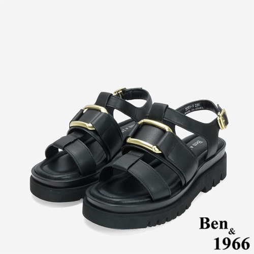 Ben&1966 高級頭層牛皮個性方釦魚骨厚底涼鞋-黑