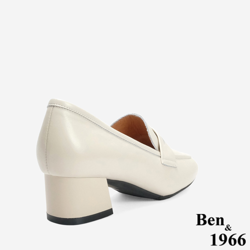 Ben&1966 高級牛皮質感素面方頭高跟樂福鞋-米白(246262)