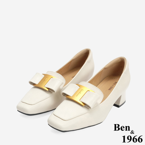 Ben&1966 高級羊皮優雅金屬釦飾方頭高跟樂福鞋-米白(246273)