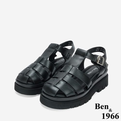 Ben&1966 高級頭層牛皮經典百搭魚骨厚底涼鞋-黑