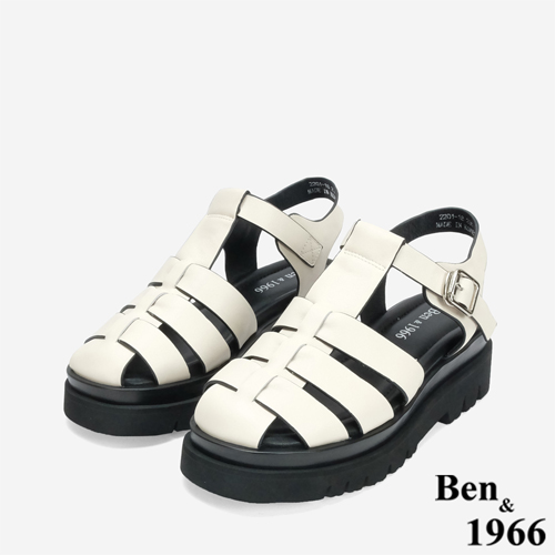 Ben&1966 高級頭層牛皮經典百搭魚骨厚底涼鞋-米白
