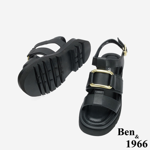 Ben&1966 高級頭層牛皮個性方釦魚骨厚底涼鞋-黑
