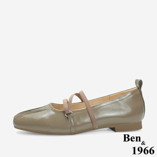 Ben&1966 高級牛油皮氣質抓皺芭蕾舞鞋-卡其