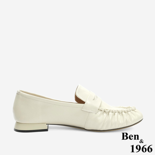 Ben&1966 高級牛油皮抓皺圓頭樂福鞋-米白(246243)