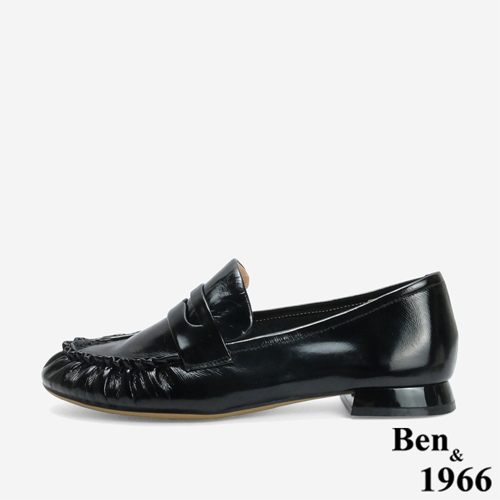Ben&1966 高級牛油皮抓皺圓頭樂福鞋-黑(246241)