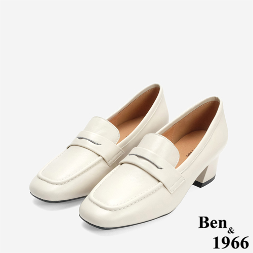Ben&1966 高級牛皮質感素面方頭高跟樂福鞋-米白(246262)