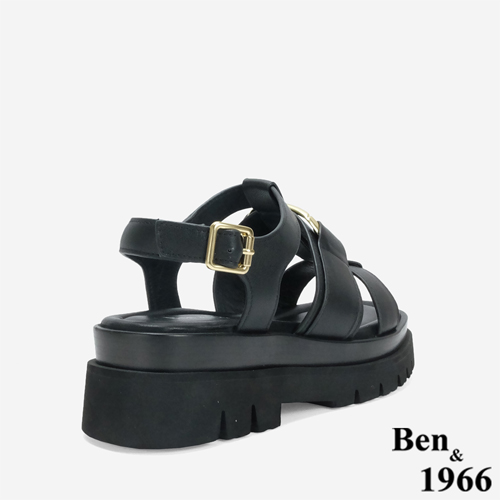 Ben&1966 高級頭層牛皮個性方釦魚骨厚底涼鞋-黑