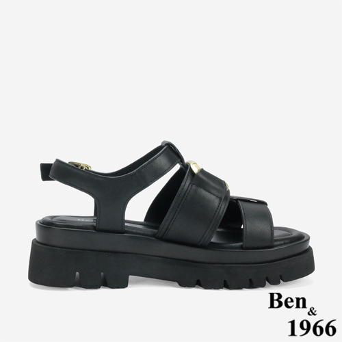 Ben&1966 高級頭層牛皮個性方釦魚骨厚底涼鞋-黑