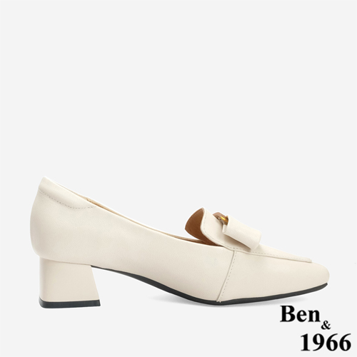 Ben&1966 高級羊皮優雅金屬釦飾方頭高跟樂福鞋-米白(246273)