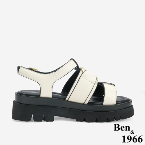 Ben&1966 高級頭層牛皮個性方釦魚骨厚底涼鞋-米白