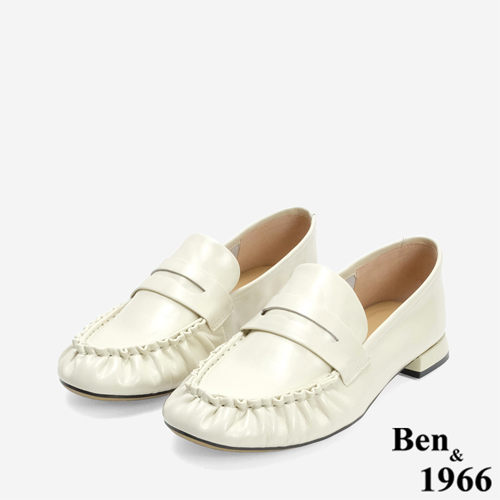 Ben&1966 高級牛油皮抓皺圓頭樂福鞋-米白(246243)