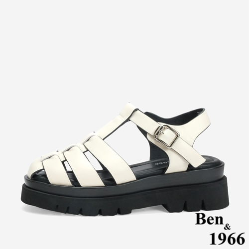 Ben&1966 高級頭層牛皮經典百搭魚骨厚底涼鞋-米白