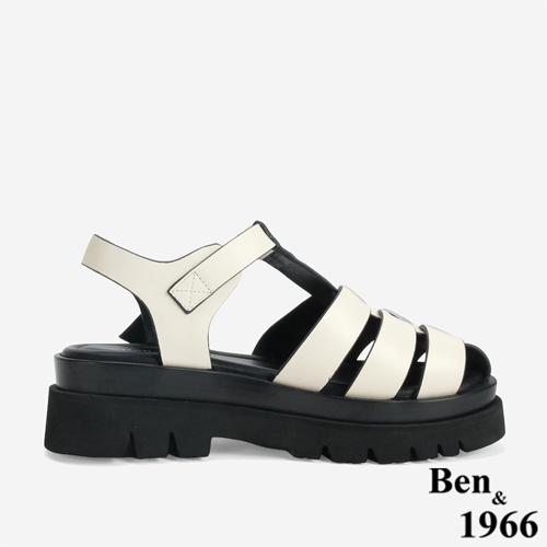 Ben&1966 高級頭層牛皮經典百搭魚骨厚底涼鞋-米白