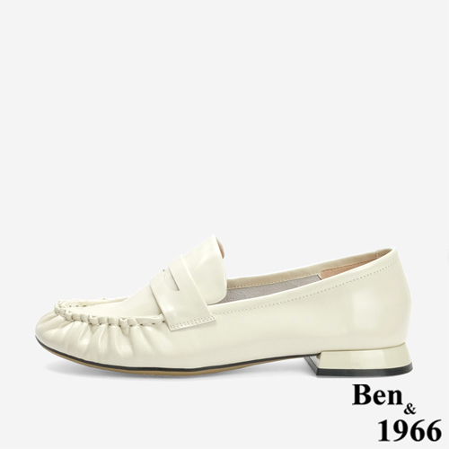 Ben&1966 高級牛油皮抓皺圓頭樂福鞋-米白(246243)