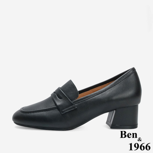 Ben&1966 高級牛皮質感素面方頭高跟樂福鞋-黑(246261)