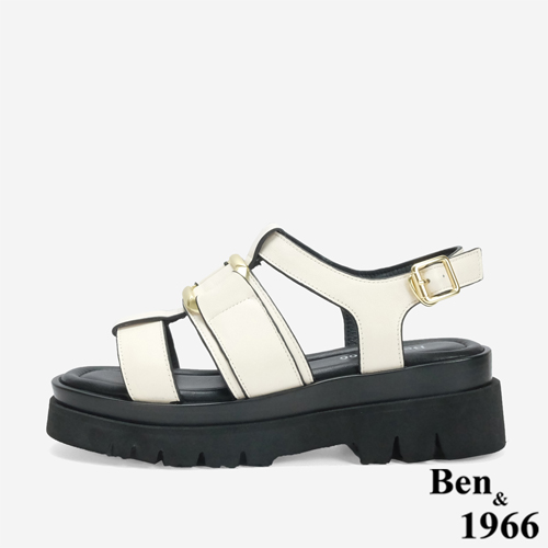 Ben&1966 高級頭層牛皮個性方釦魚骨厚底涼鞋-米白