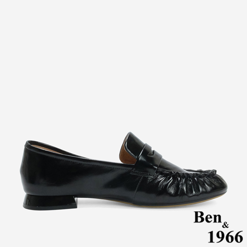 Ben&1966 高級牛油皮抓皺圓頭樂福鞋-黑(246241)