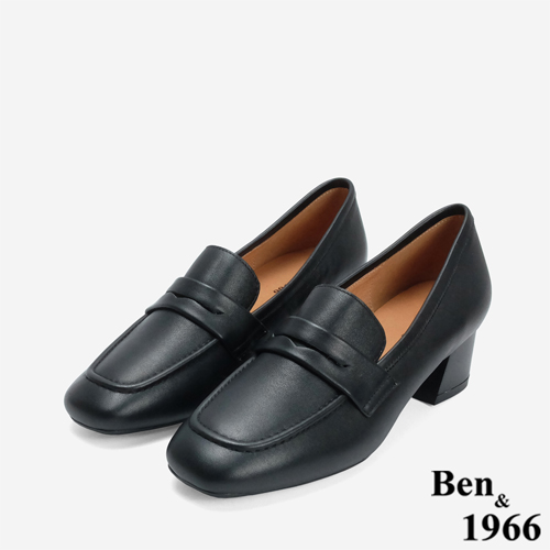 Ben&1966 高級牛皮質感素面方頭高跟樂福鞋-黑(246261)