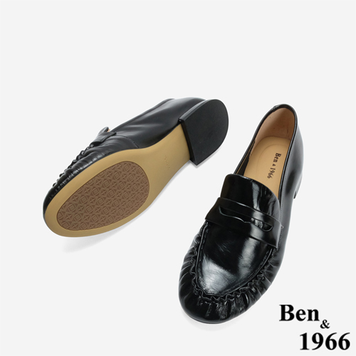 Ben&1966 高級牛油皮抓皺圓頭樂福鞋-黑(246241)