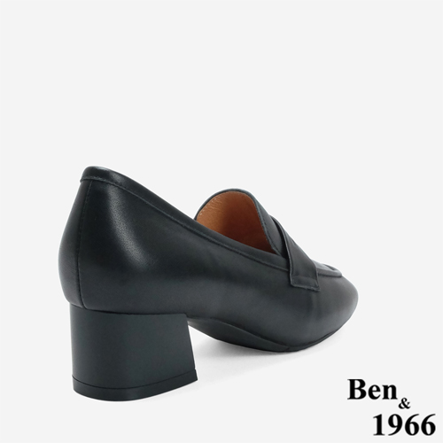 Ben&1966 高級牛皮質感素面方頭高跟樂福鞋-黑(246261)