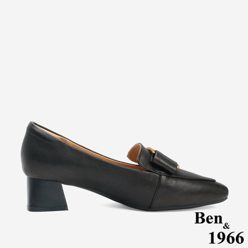 Ben&1966 高級羊皮優雅金屬釦飾方頭高跟樂福鞋-黑(246271)