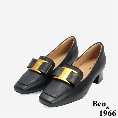 Ben&1966 高級羊皮優雅金屬釦飾方頭高跟樂福鞋-黑(246271)