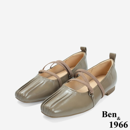 Ben&1966 高級牛油皮氣質抓皺芭蕾舞鞋-卡其