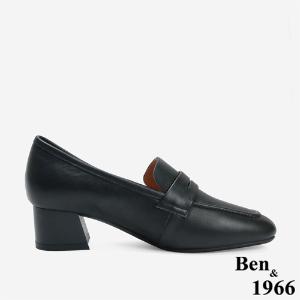 Ben&1966 高級牛皮質感素面方頭高跟樂福鞋-黑(246261)