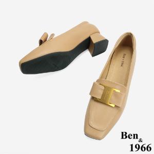 Ben&1966 高級羊皮優雅金屬釦飾方頭高跟樂福鞋-駝(246272)