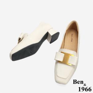 Ben&1966 高級羊皮優雅金屬釦飾方頭高跟樂福鞋-米白(246273)