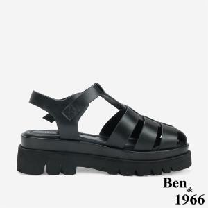 Ben&1966 高級頭層牛皮經典百搭魚骨厚底涼鞋-黑